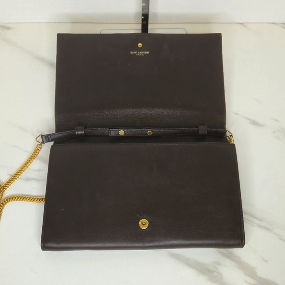 YSL Brown Leather Y-Ligne Clutch Pochette Shoulder Bag with Chain - Picture 8 of 12